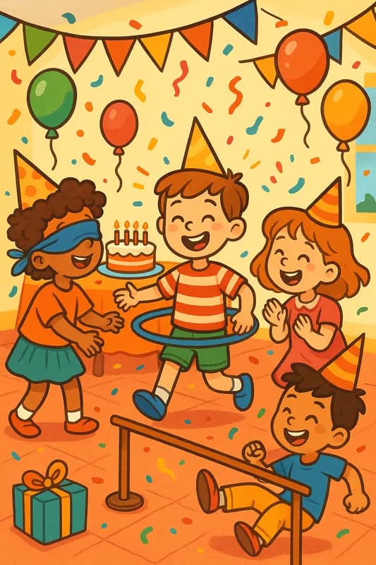 Kindergeburtstag feiern - Fröhliche Kinder bei Geburtstagsspielen und Party-Aktivitäten