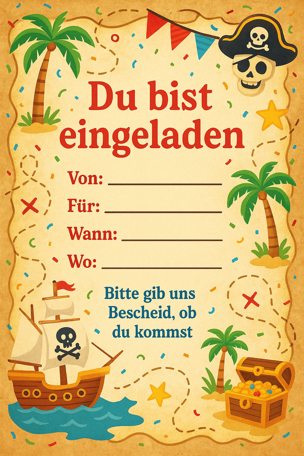 Einladungskarte für Piraten-Abenteuer auf hoher See - Kindergeburtstag Einladung zum Ausdrucken und Ausfüllen für Kinder 5-8 Jahre