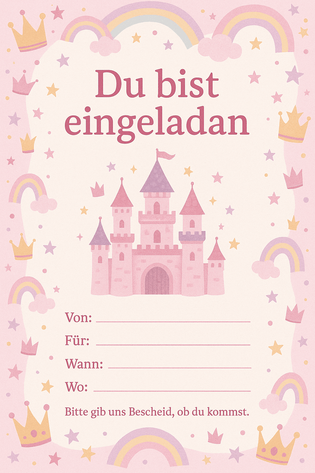 Einladungskarte für Zauberhafte Prinzessinnen-Party - Kindergeburtstag Einladung zum Ausdrucken und Ausfüllen für Kinder 4-7 Jahre