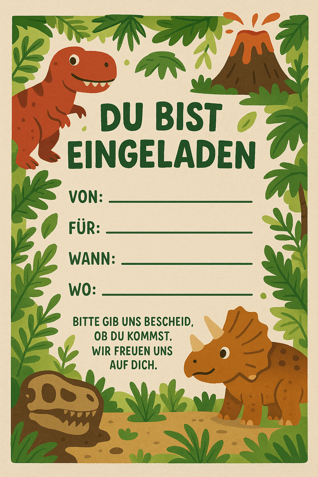Einladungskarte für Dinosaurier-Expedition ins Urzeit-Abenteuer - Kindergeburtstag Einladung zum Ausdrucken und Ausfüllen für Kinder 5-9 Jahre