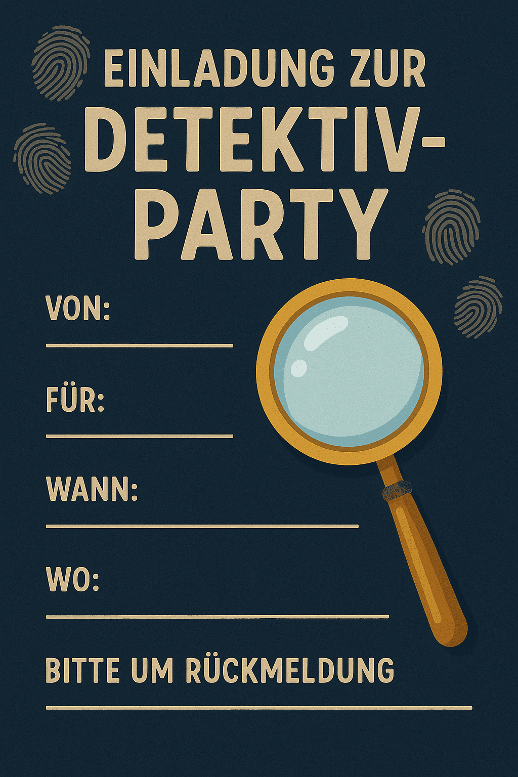 Einladungskarte für Detektiv-Party - Das Geheimnis lösen - Kindergeburtstag Einladung zum Ausdrucken und Ausfüllen für Kinder 7-11 Jahre