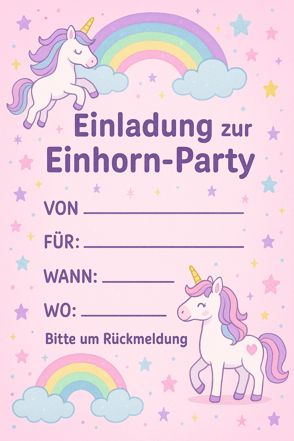 Einladungskarte für Einhorn-Zauber im magischen Regenbogenland - Kindergeburtstag Einladung zum Ausdrucken und Ausfüllen für Kinder 4-8 Jahre