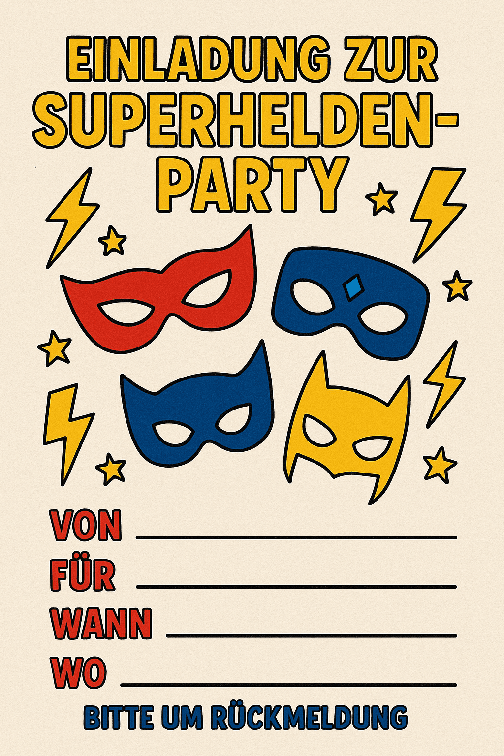 Einladungskarte für Superhelden-Akademie - Training der Helden - Kindergeburtstag Einladung zum Ausdrucken und Ausfüllen für Kinder 5-9 Jahre