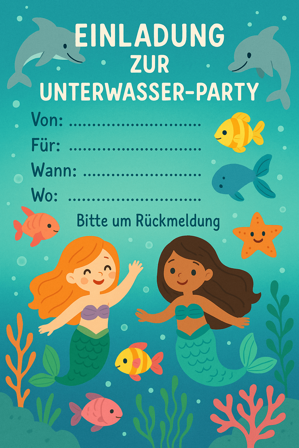 Einladungskarte für Unterwasser-Abenteuer in der Tiefsee - Kindergeburtstag Einladung zum Ausdrucken und Ausfüllen für Kinder 4-8 Jahre