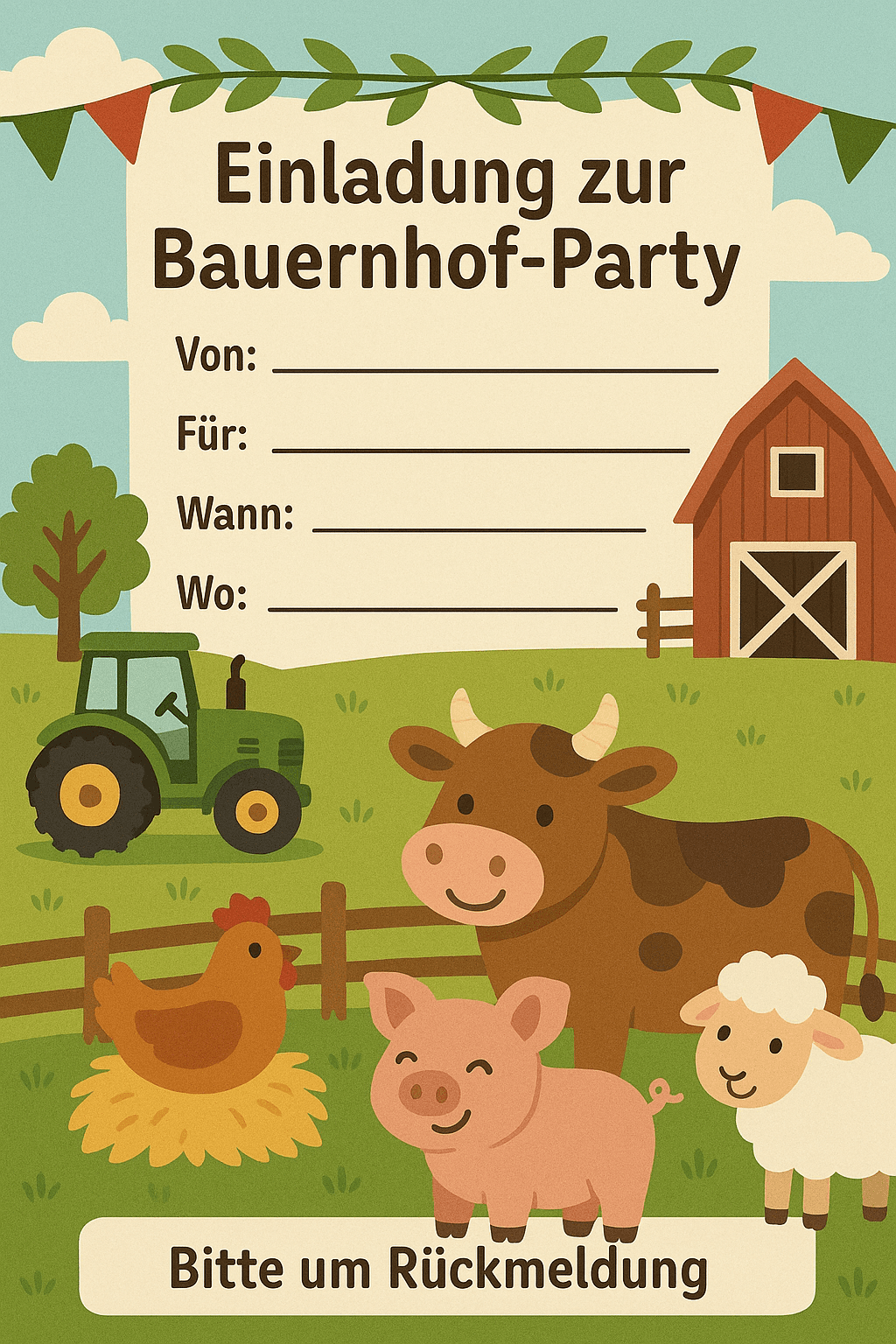 Einladungskarte für Bauernhof-Party mit Tieren und Traktor - Kindergeburtstag Einladung zum Ausdrucken und Ausfüllen für Kinder 3-6 Jahre