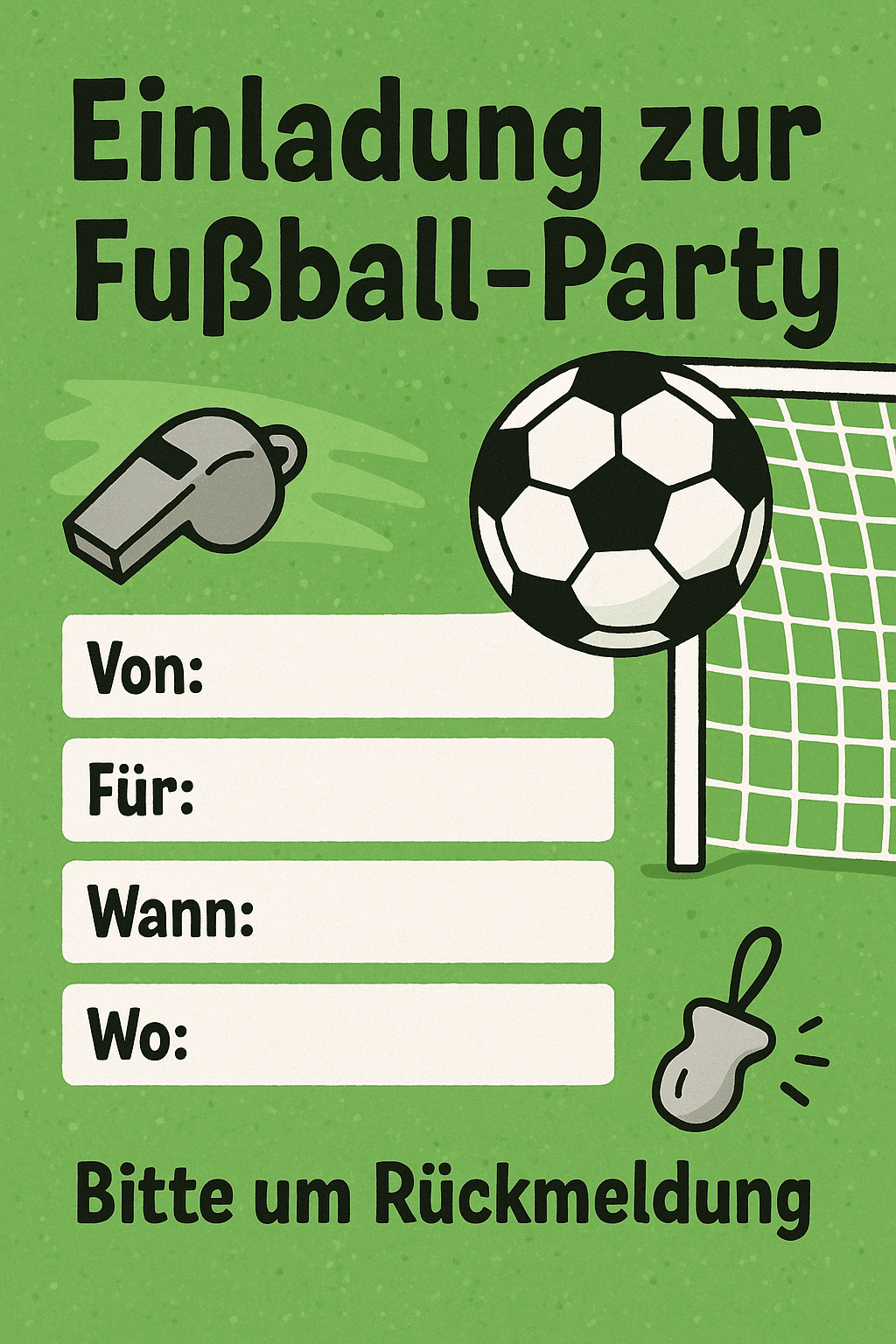 Einladungskarte für Fußball-Party - Meisterschaft im Garten - Kindergeburtstag Einladung zum Ausdrucken und Ausfüllen für Kinder 6-11 Jahre