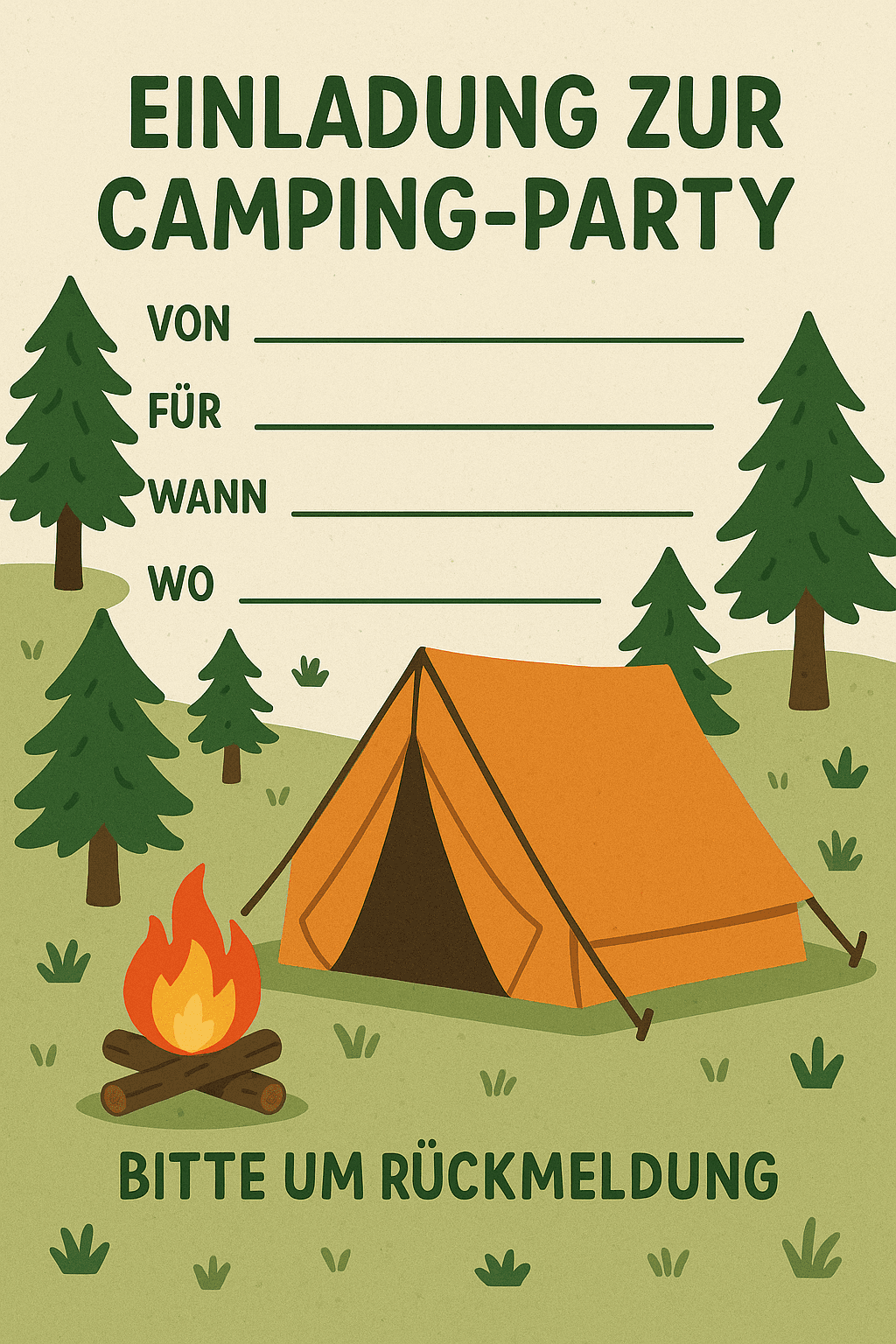 Einladungskarte für Camping-Abenteuer im Garten - Kindergeburtstag Einladung zum Ausdrucken und Ausfüllen für Kinder 7-11 Jahre