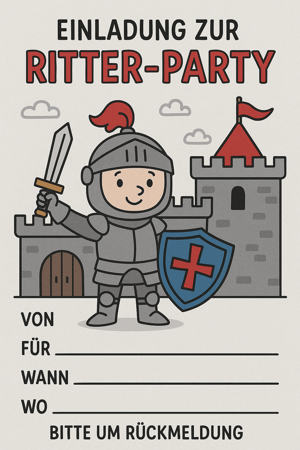 Einladungskarte für Ritter und Burgen im Mittelalter - Kindergeburtstag Einladung zum Ausdrucken und Ausfüllen für Kinder 5-9 Jahre