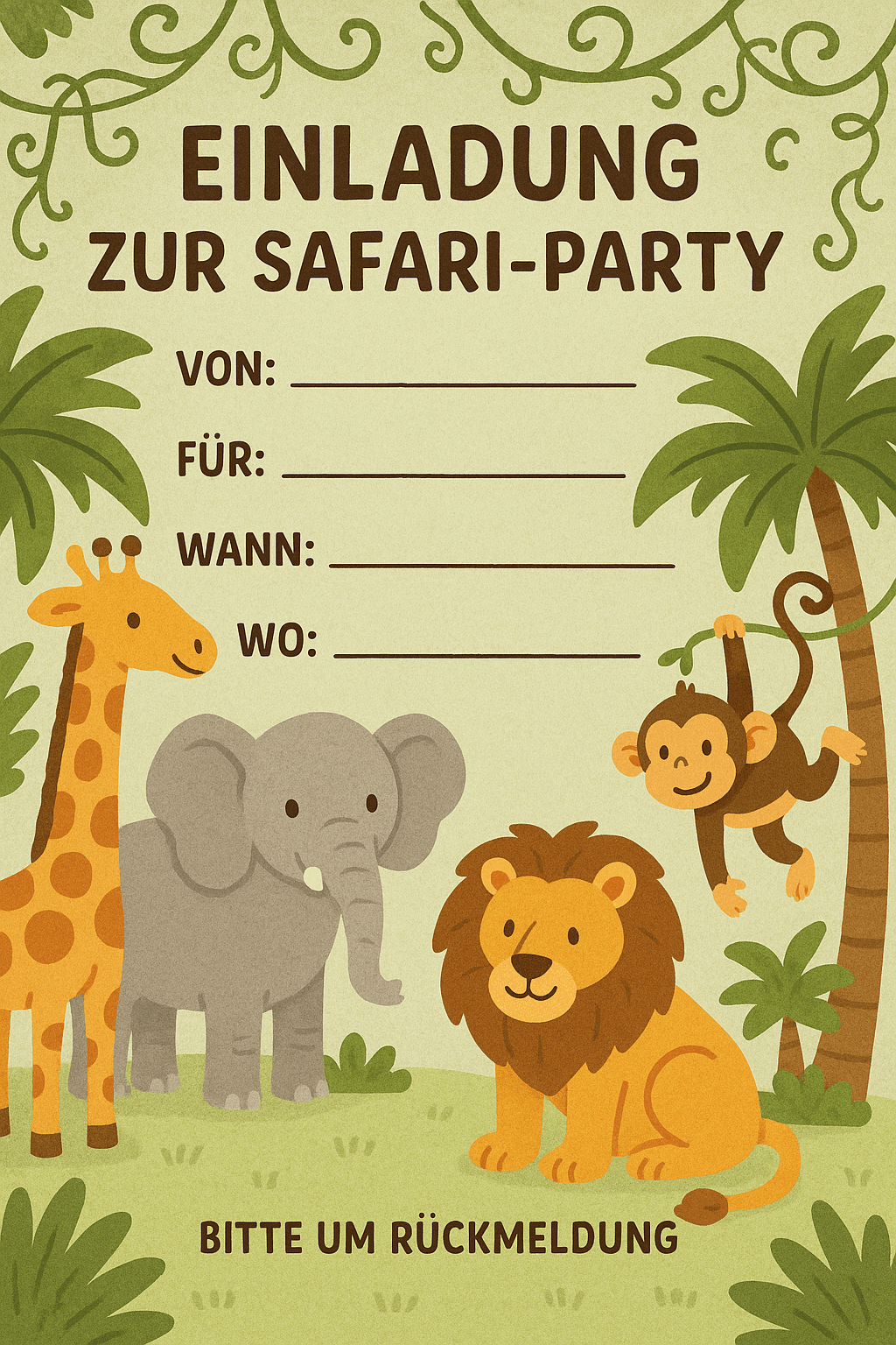 Einladungskarte für Dschungel-Safari - Auf Expedition - Kindergeburtstag Einladung zum Ausdrucken und Ausfüllen für Kinder 4-8 Jahre