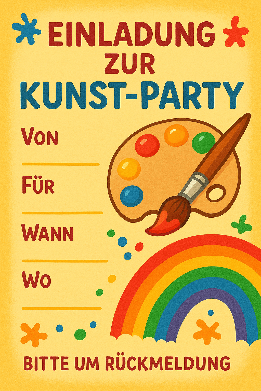 Einladungskarte für Kunst-Atelier - Kreative Meisterwerke - Kindergeburtstag Einladung zum Ausdrucken und Ausfüllen für Kinder 5-10 Jahre