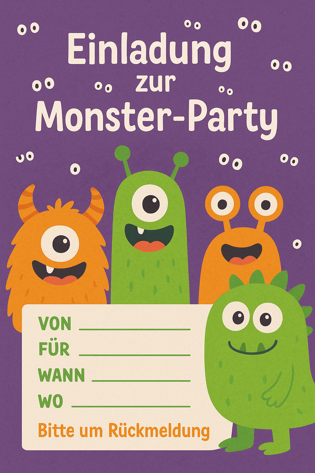Einladungskarte für Monster-Party - Lustig, nicht gruselig! - Kindergeburtstag Einladung zum Ausdrucken und Ausfüllen für Kinder 4-8 Jahre