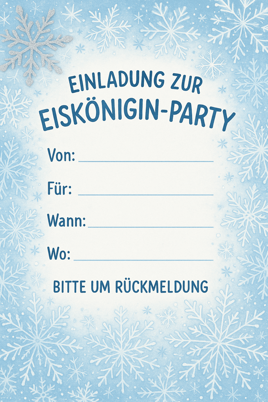 Einladungskarte für Eiskönigin-Party im Winterwunderland - Kindergeburtstag Einladung zum Ausdrucken und Ausfüllen für Kinder 4-8 Jahre