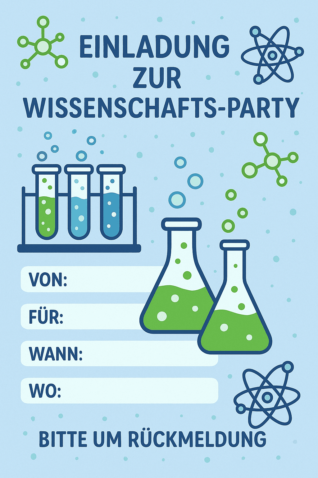 Einladungskarte für Wissenschaftler-Labor - Experimente für Kids - Kindergeburtstag Einladung zum Ausdrucken und Ausfüllen für Kinder 6-11 Jahre