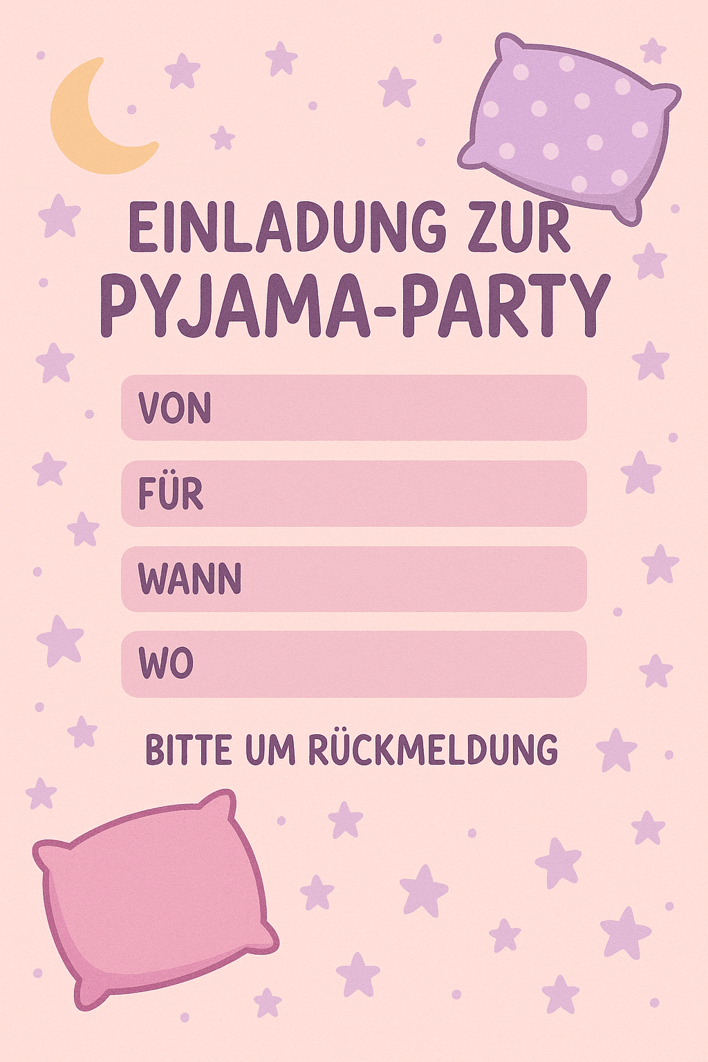 Einladungskarte für Pyjama-Party - Übernachtung mit Freunden - Kindergeburtstag Einladung zum Ausdrucken und Ausfüllen für Kinder 7-12 Jahre