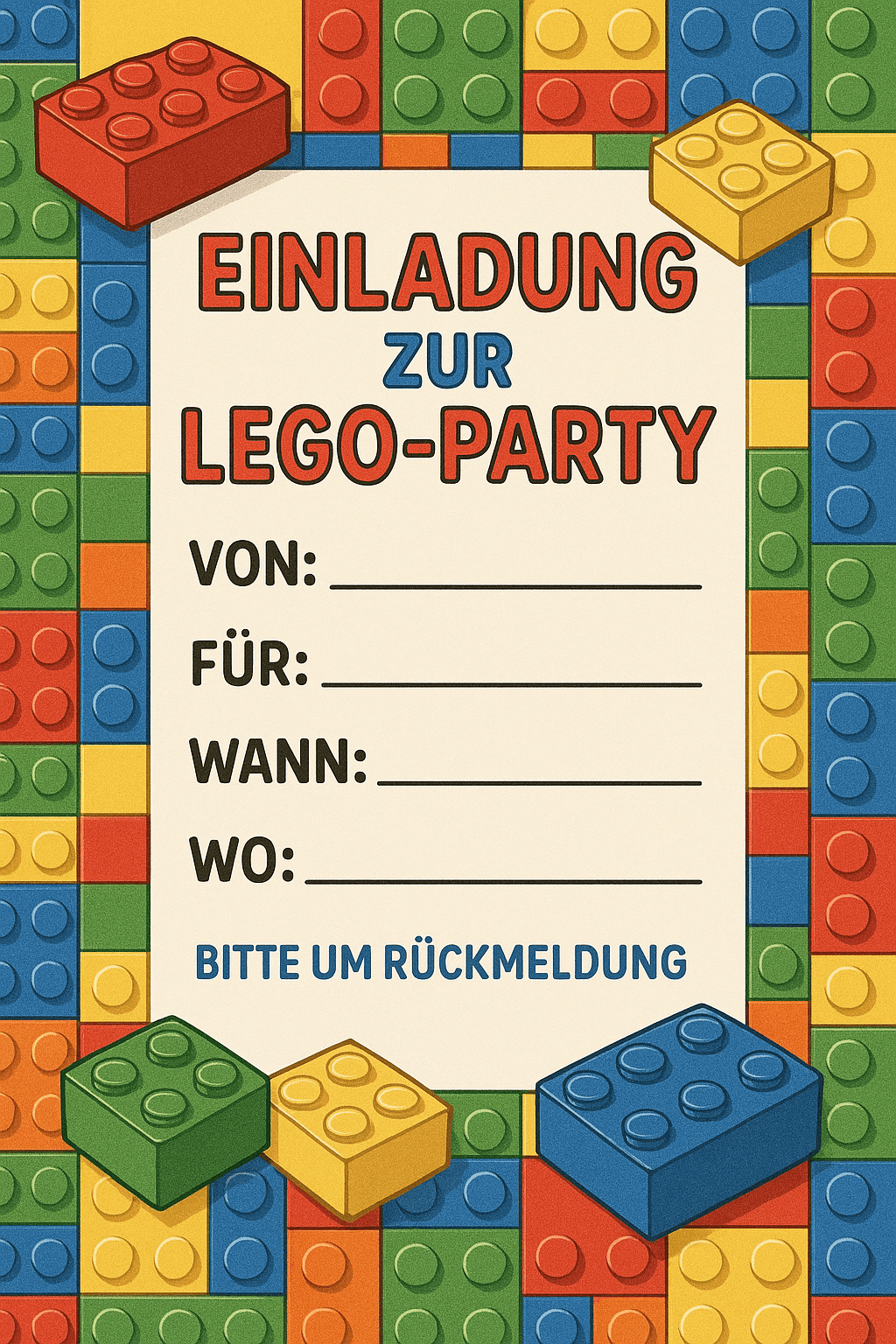 Einladungskarte für LEGO-Bau-Party - Konstruktions-Challenge - Kindergeburtstag Einladung zum Ausdrucken und Ausfüllen für Kinder 5-10 Jahre