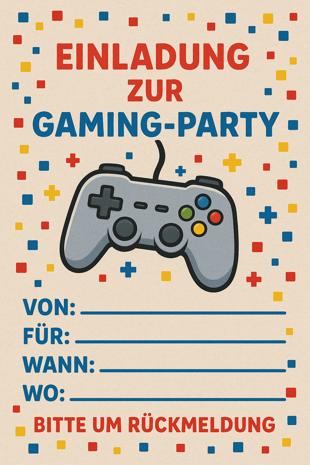Einladungskarte für Nintendo Gaming-Party - Videospiel-Turnier - Kindergeburtstag Einladung zum Ausdrucken und Ausfüllen für Kinder 7-12 Jahre