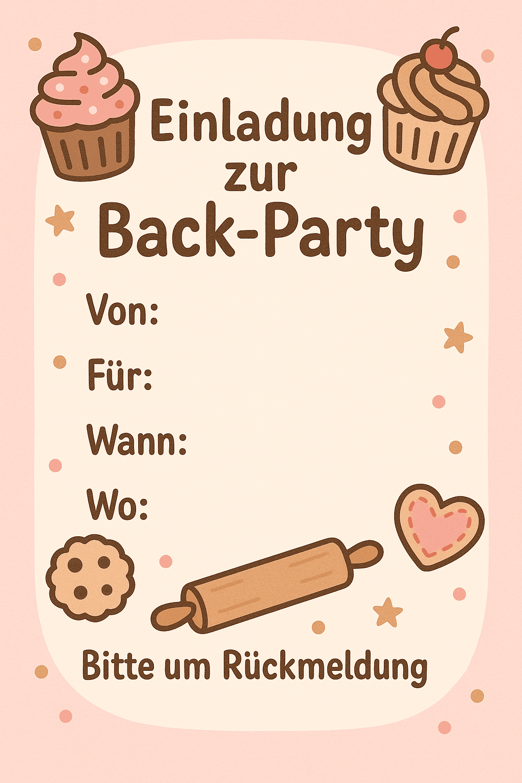 Einladungskarte für Back-Party - Gemeinsam backen und naschen - Kindergeburtstag Einladung zum Ausdrucken und Ausfüllen für Kinder 5-11 Jahre
