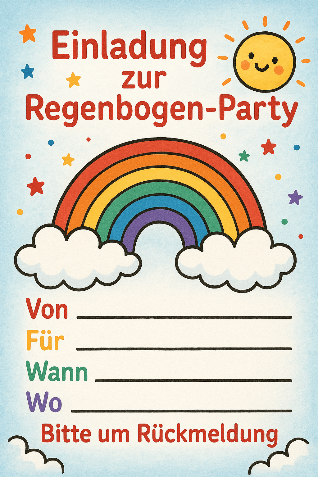 Einladungskarte für Regenbogen-Party - Bunt und farbenfroh - Kindergeburtstag Einladung zum Ausdrucken und Ausfüllen für Kinder 3-7 Jahre
