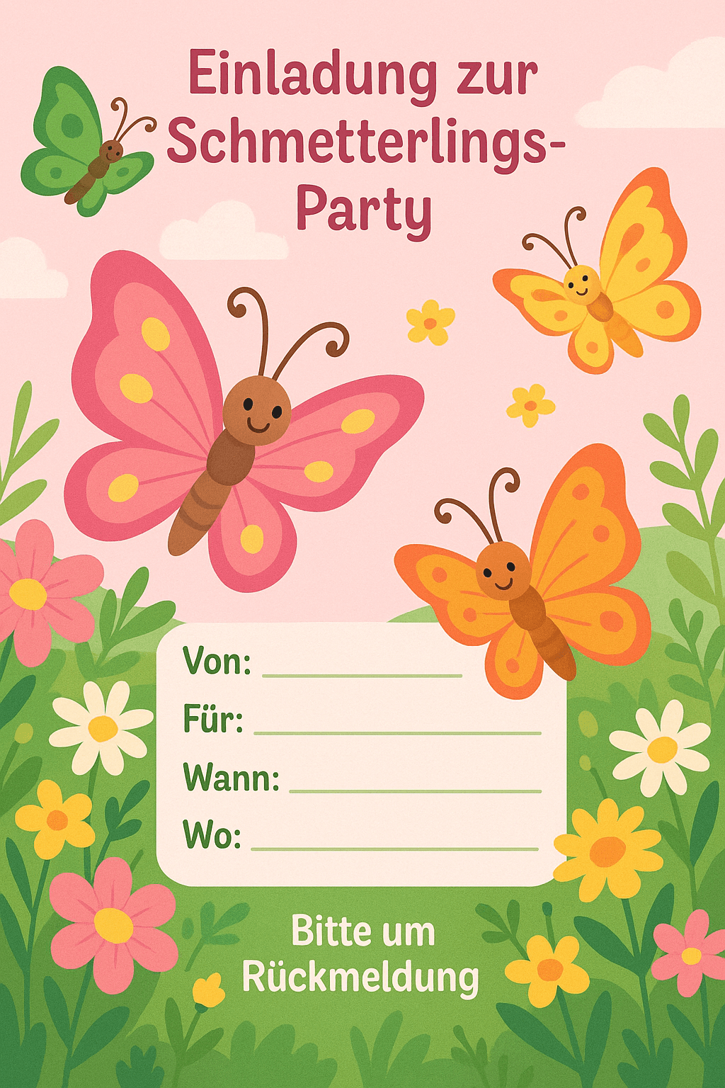 Einladungskarte für Schmetterlings-Garten - Natur entdecken - Kindergeburtstag Einladung zum Ausdrucken und Ausfüllen für Kinder 4-8 Jahre