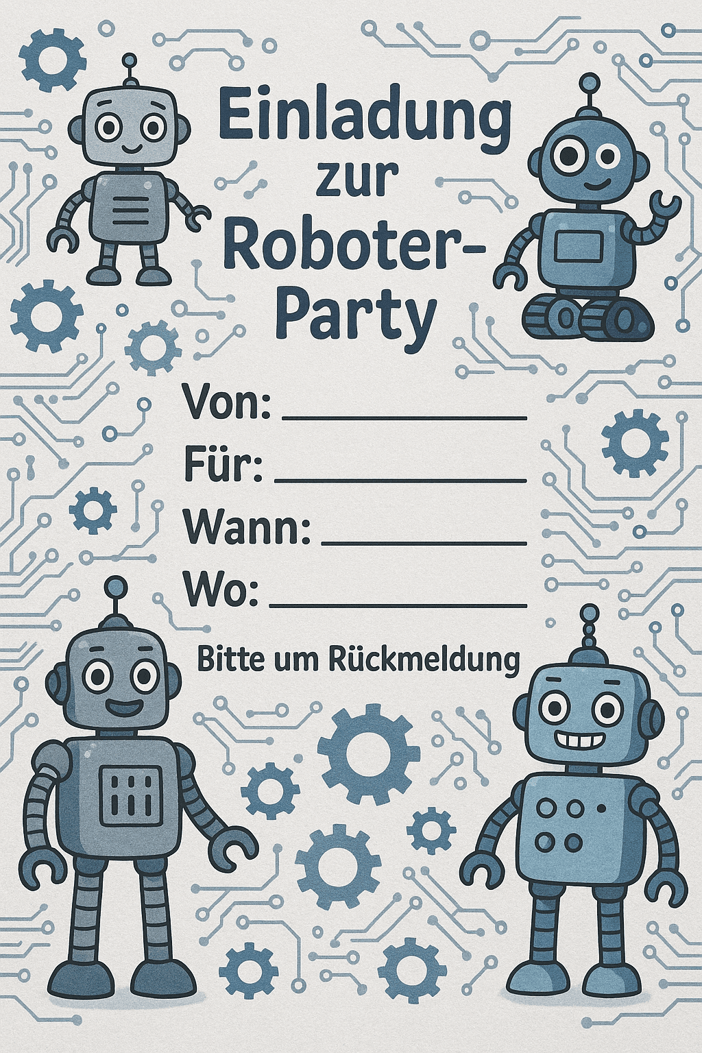 Einladungskarte für Roboter-Party - Baut eure eigenen Bots - Kindergeburtstag Einladung zum Ausdrucken und Ausfüllen für Kinder 6-11 Jahre