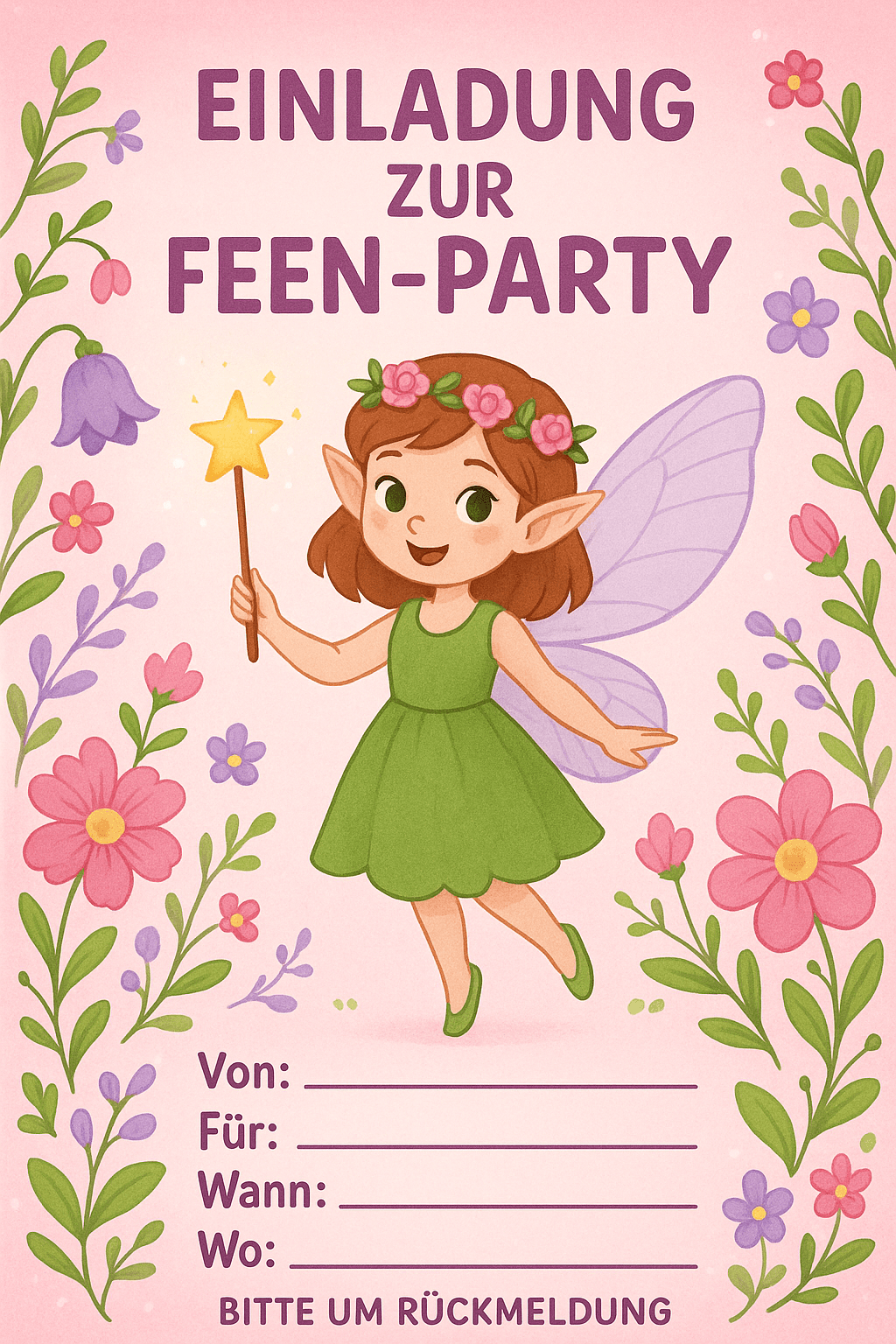 Einladungskarte für Feen- und Elfen-Party im Zauberwald - Kindergeburtstag Einladung zum Ausdrucken und Ausfüllen für Kinder 4-8 Jahre