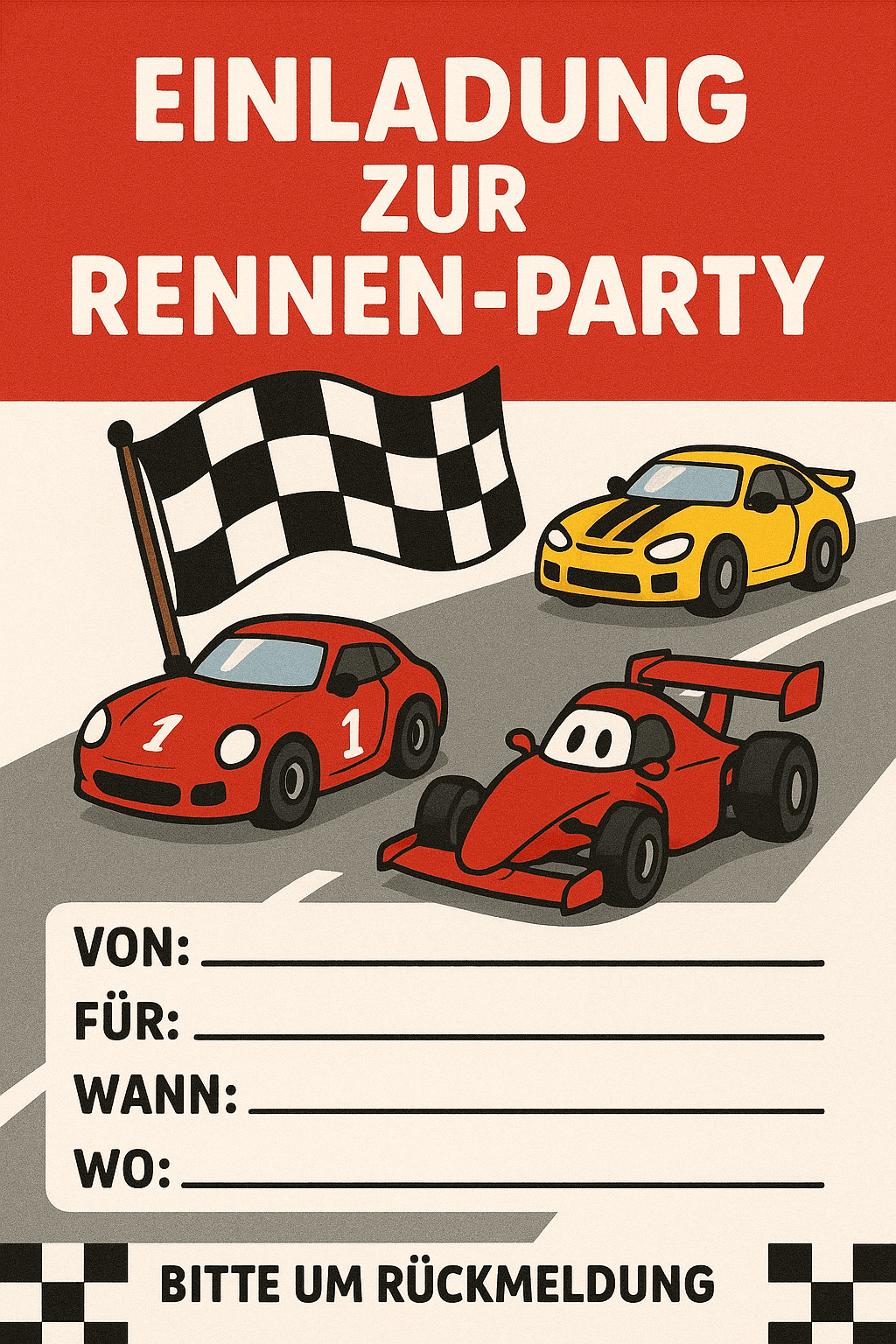 Einladungskarte für Auto-Rennen - Vollgas voraus! - Kindergeburtstag Einladung zum Ausdrucken und Ausfüllen für Kinder 4-9 Jahre