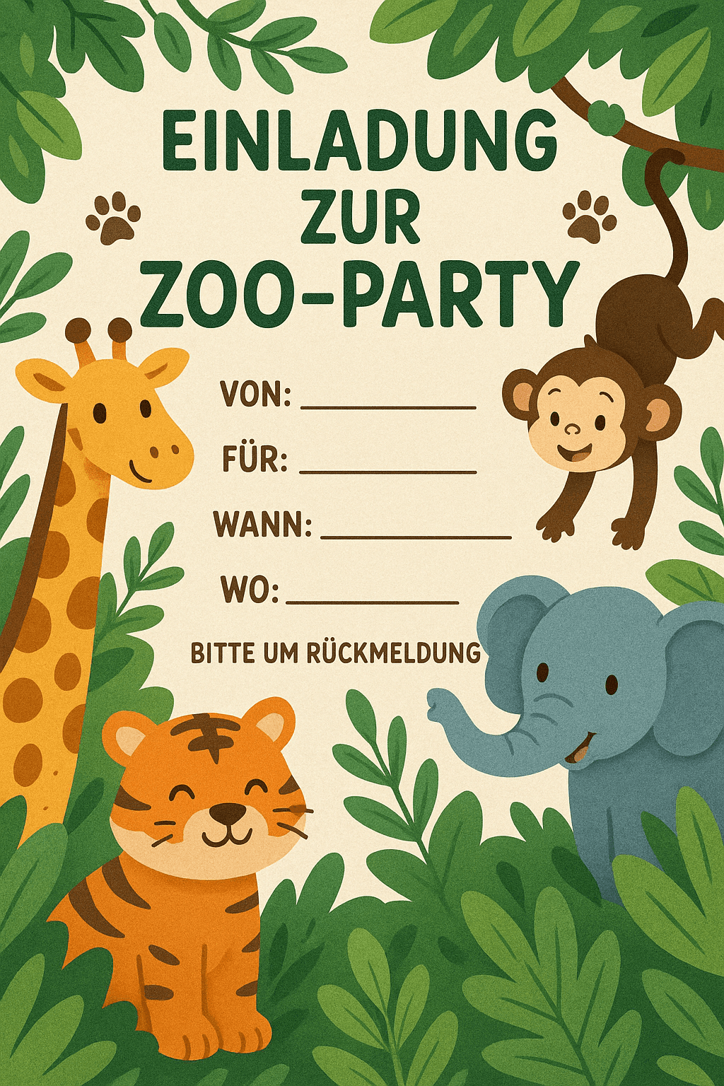 Einladungskarte für Tierpfleger im Zoo - Ein Tag mit Tieren - Kindergeburtstag Einladung zum Ausdrucken und Ausfüllen für Kinder 5-10 Jahre
