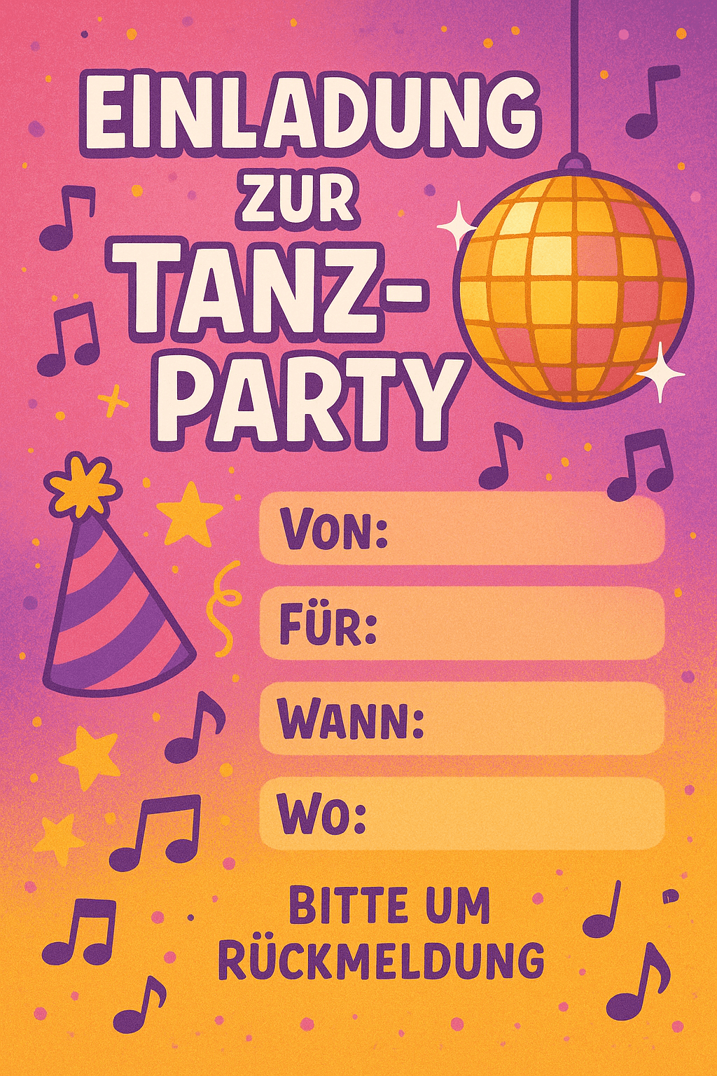 Einladungskarte für Tanz-Party - Let's Dance! - Kindergeburtstag Einladung zum Ausdrucken und Ausfüllen für Kinder 6-12 Jahre