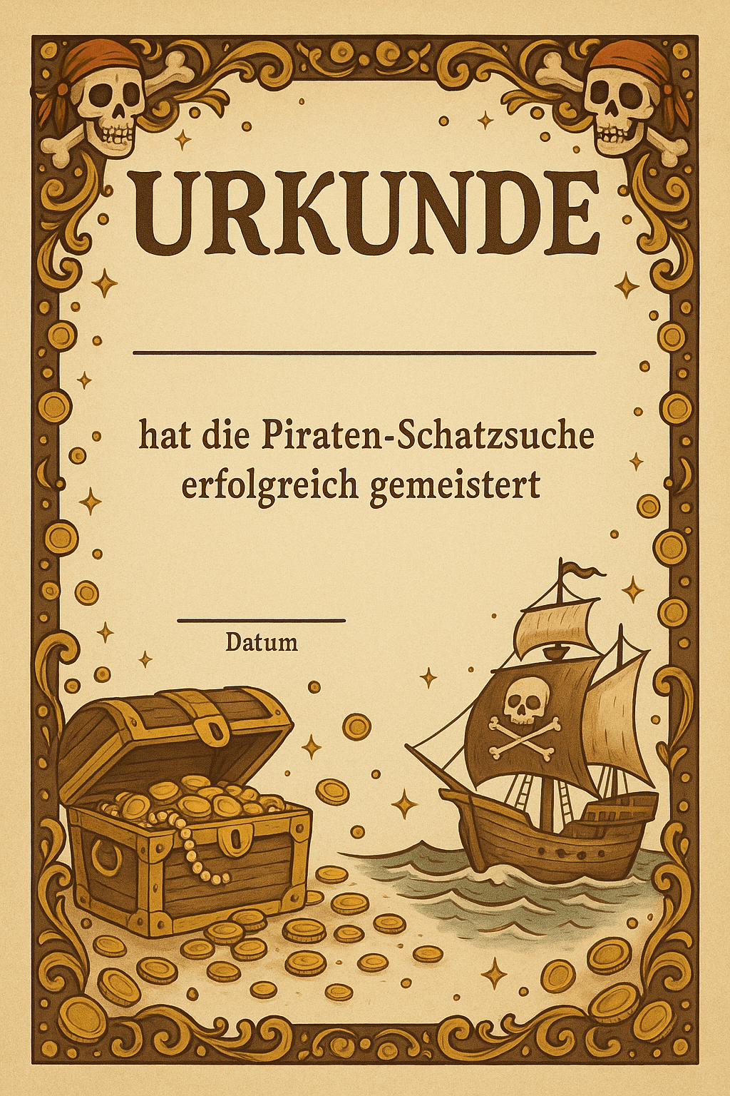 Urkunde für Piraten-Abenteuer auf hoher See - Schatzsuche Teilnahme-Urkunde zum Ausdrucken für Kinder 5-8 Jahre