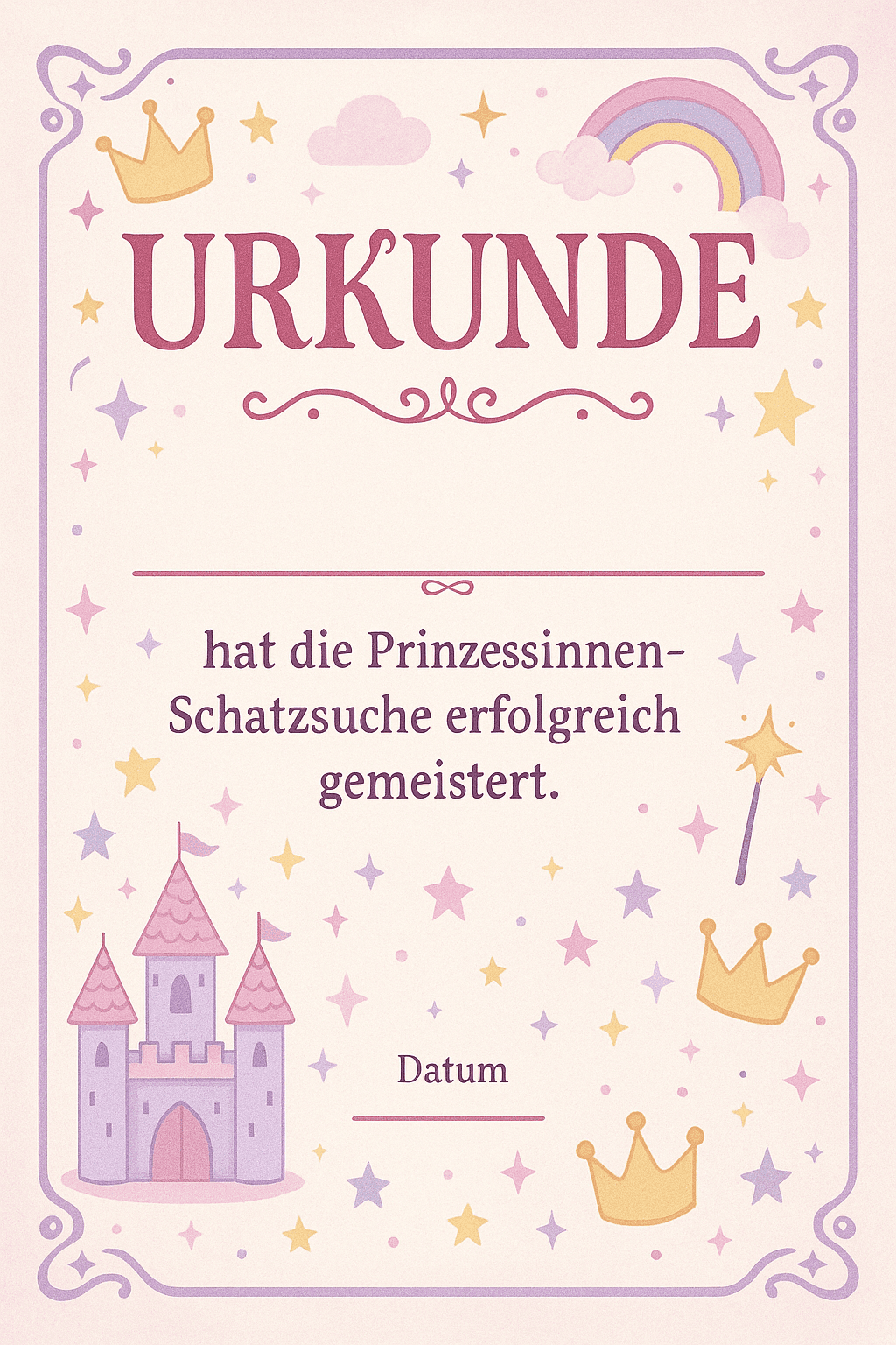 Urkunde für Zauberhafte Prinzessinnen-Party - Schatzsuche Teilnahme-Urkunde zum Ausdrucken für Kinder 4-7 Jahre
