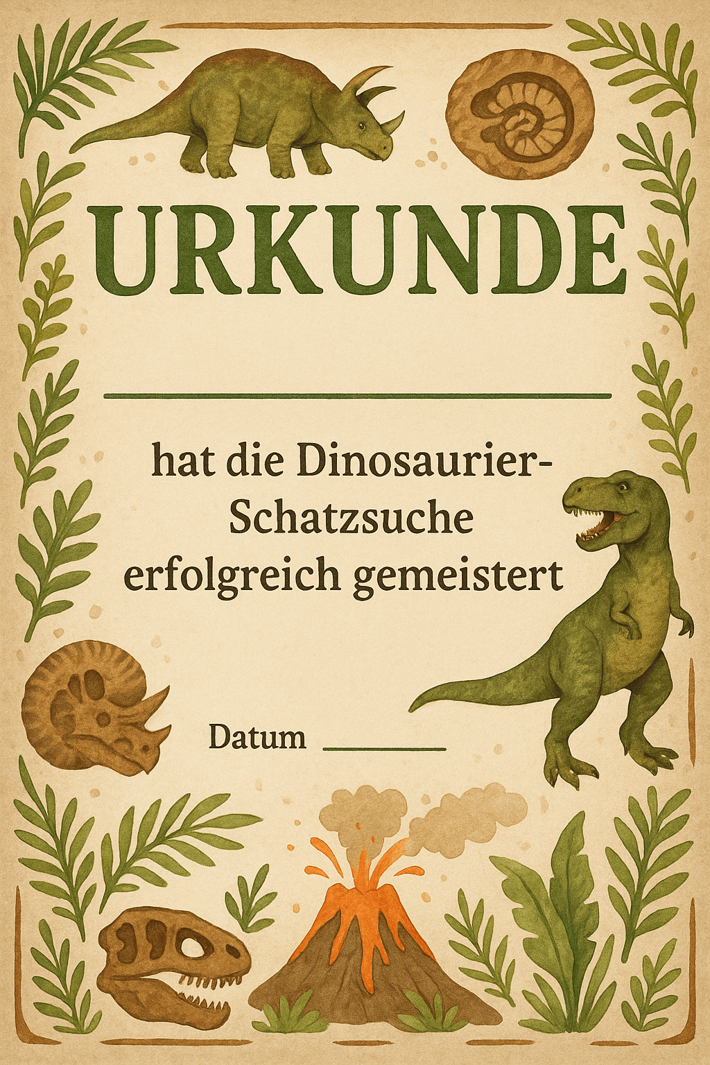 Urkunde für Dinosaurier-Expedition ins Urzeit-Abenteuer - Schatzsuche Teilnahme-Urkunde zum Ausdrucken für Kinder 5-9 Jahre
