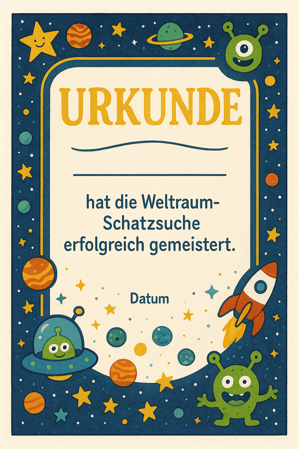 Urkunde für Weltraum-Mission zu fernen Galaxien - Schatzsuche Teilnahme-Urkunde zum Ausdrucken für Kinder 6-10 Jahre