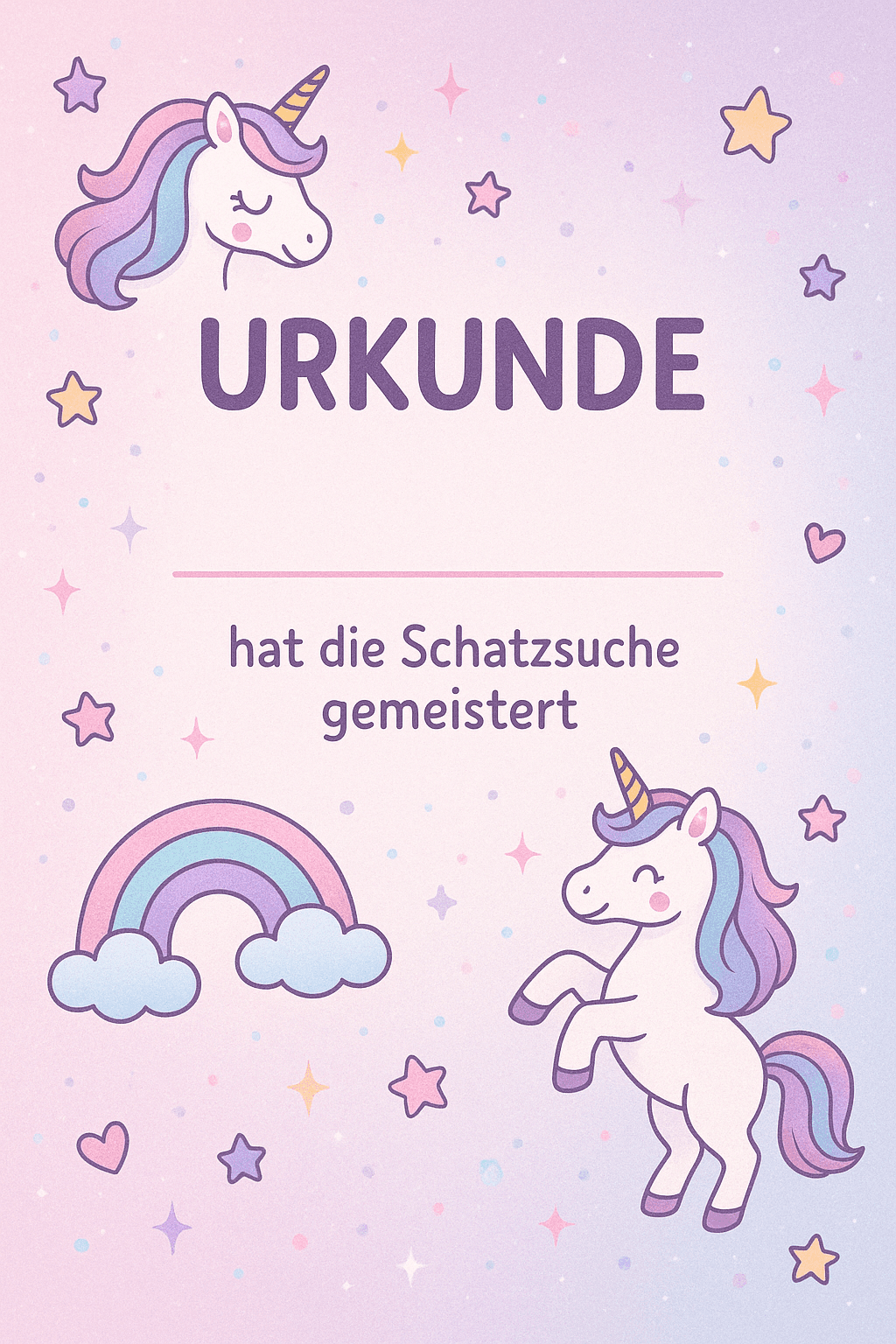 Urkunde für Einhorn-Zauber im magischen Regenbogenland - Schatzsuche Teilnahme-Urkunde zum Ausdrucken für Kinder 4-8 Jahre