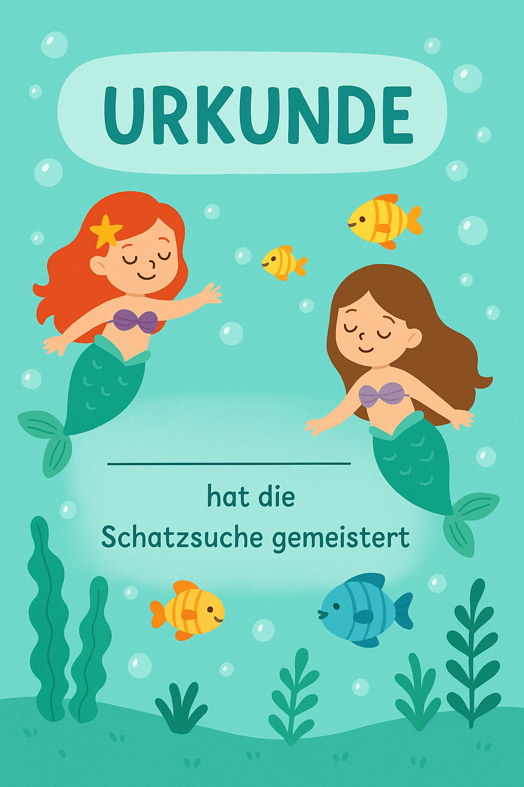 Urkunde für Unterwasser-Abenteuer in der Tiefsee - Schatzsuche Teilnahme-Urkunde zum Ausdrucken für Kinder 4-8 Jahre