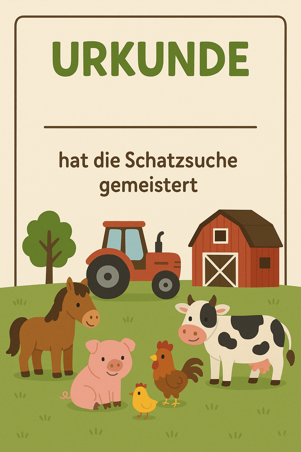 Urkunde für Bauernhof-Party mit Tieren und Traktor - Schatzsuche Teilnahme-Urkunde zum Ausdrucken für Kinder 3-6 Jahre