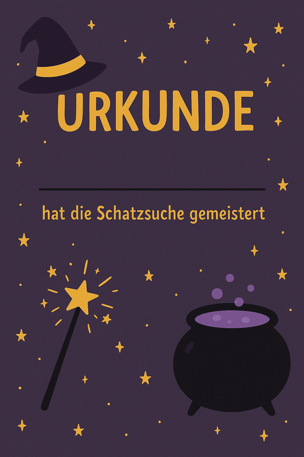 Urkunde für Hexen- und Zauberer-Schule - Schatzsuche Teilnahme-Urkunde zum Ausdrucken für Kinder 6-10 Jahre