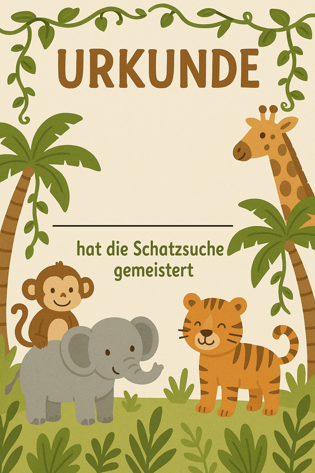 Urkunde für Dschungel-Safari - Auf Expedition - Schatzsuche Teilnahme-Urkunde zum Ausdrucken für Kinder 4-8 Jahre