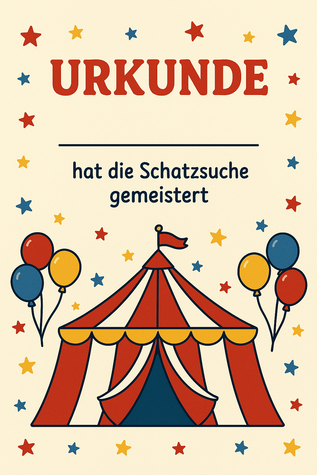 Urkunde für Zirkus-Party - Manege frei! - Schatzsuche Teilnahme-Urkunde zum Ausdrucken für Kinder 4-9 Jahre