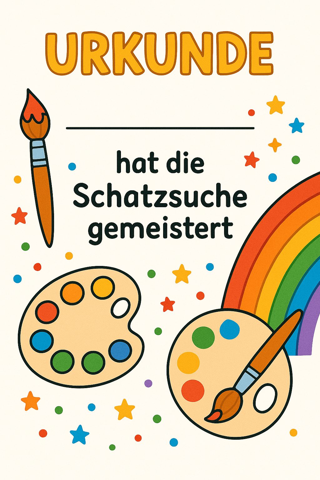 Urkunde für Kunst-Atelier - Kreative Meisterwerke - Schatzsuche Teilnahme-Urkunde zum Ausdrucken für Kinder 5-10 Jahre