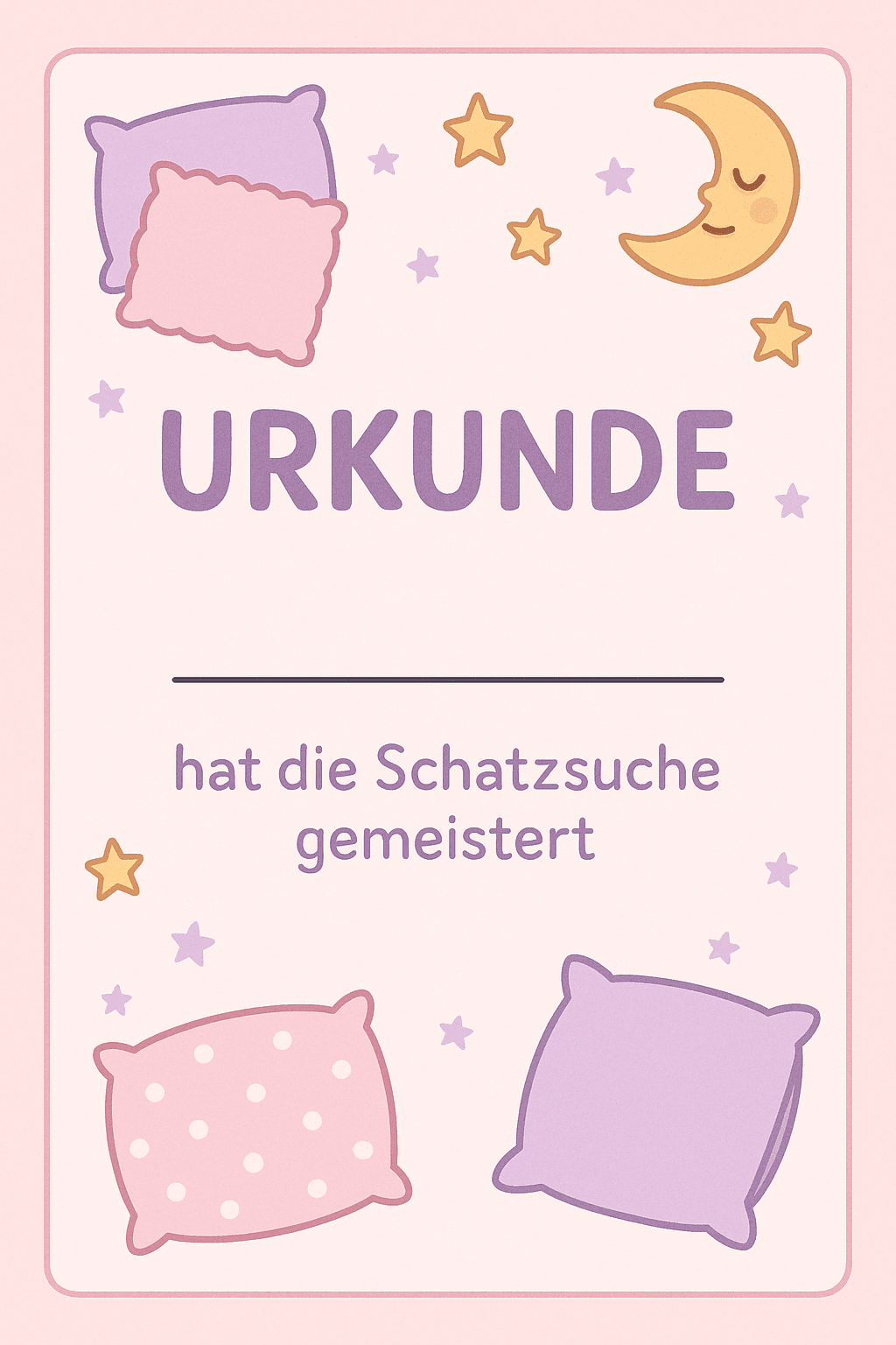 Urkunde für Pyjama-Party - Übernachtung mit Freunden - Schatzsuche Teilnahme-Urkunde zum Ausdrucken für Kinder 7-12 Jahre