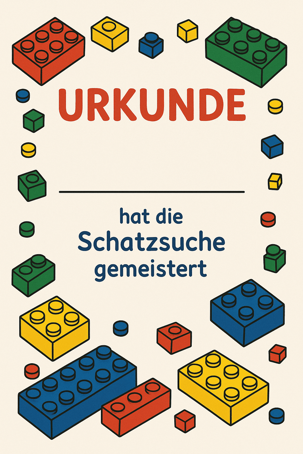 Urkunde für LEGO-Bau-Party - Konstruktions-Challenge - Schatzsuche Teilnahme-Urkunde zum Ausdrucken für Kinder 5-10 Jahre