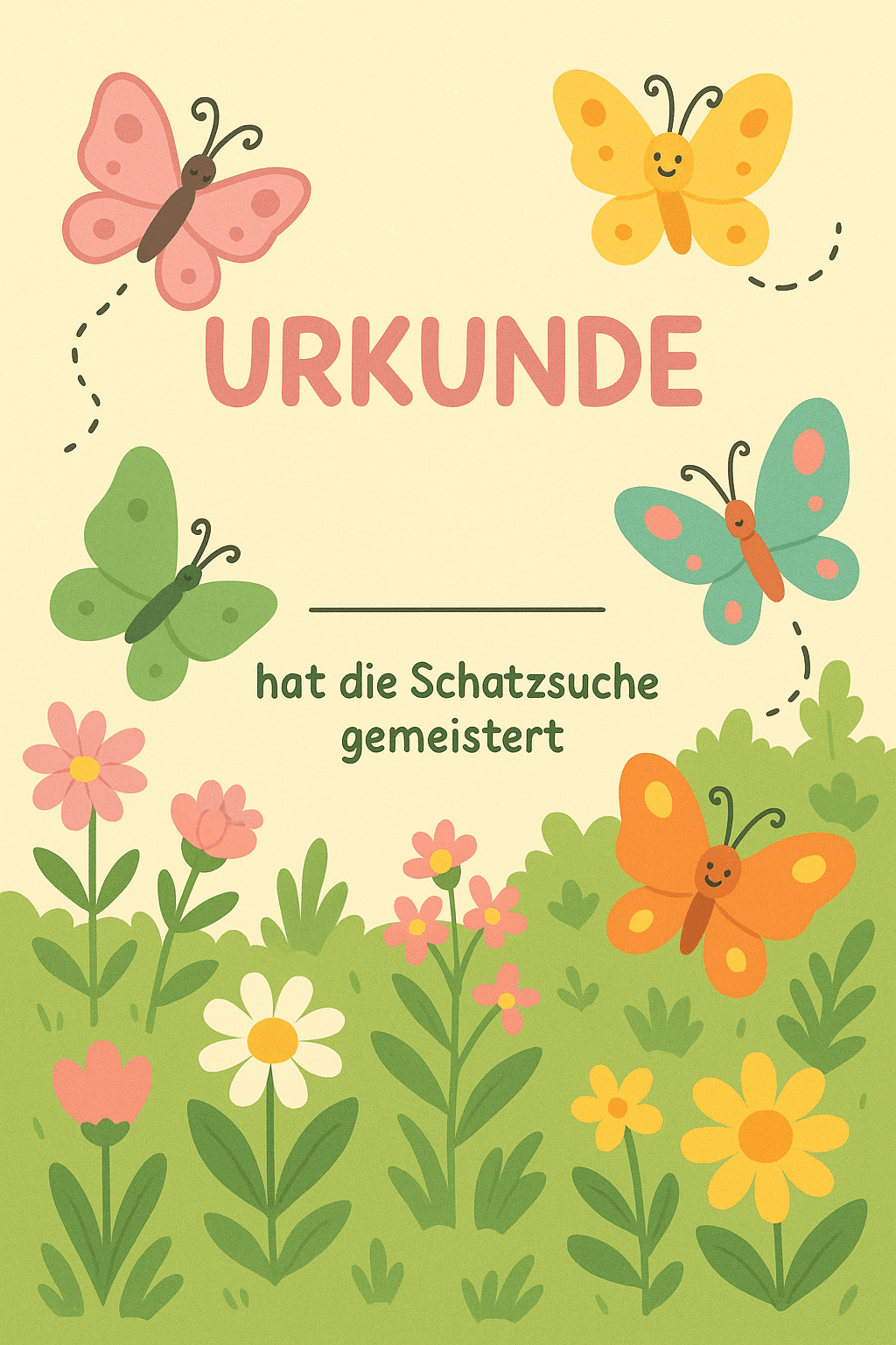 Urkunde für Schmetterlings-Garten - Natur entdecken - Schatzsuche Teilnahme-Urkunde zum Ausdrucken für Kinder 4-8 Jahre