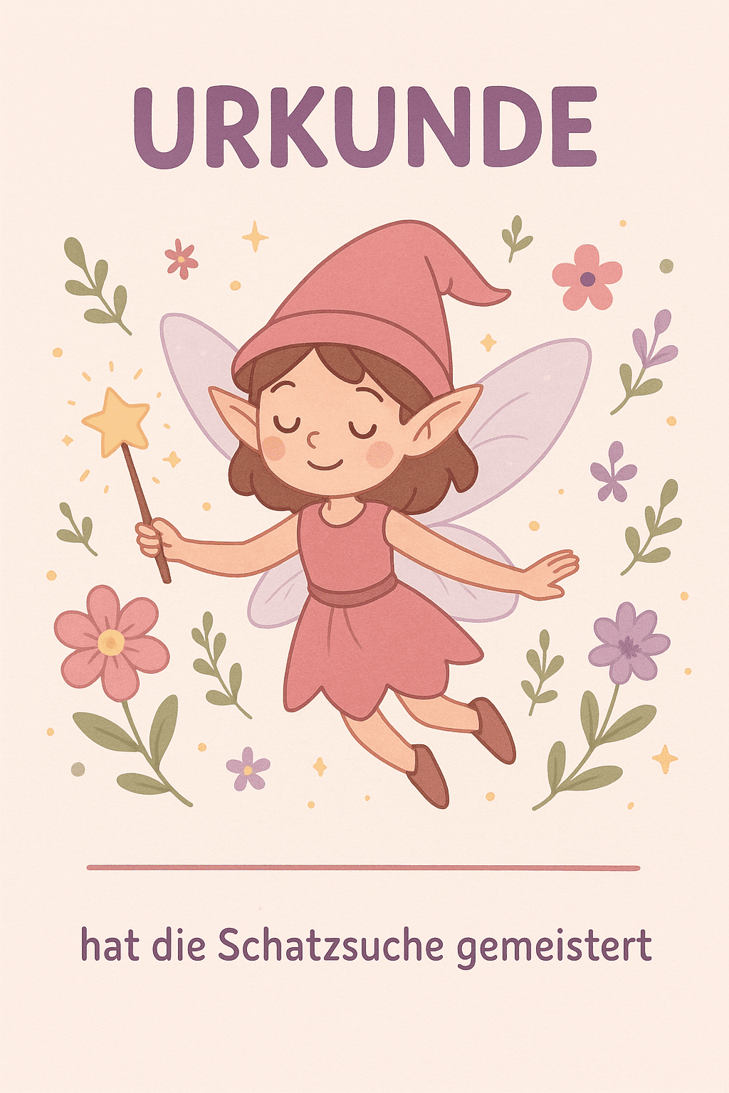 Urkunde für Feen- und Elfen-Party im Zauberwald - Schatzsuche Teilnahme-Urkunde zum Ausdrucken für Kinder 4-8 Jahre