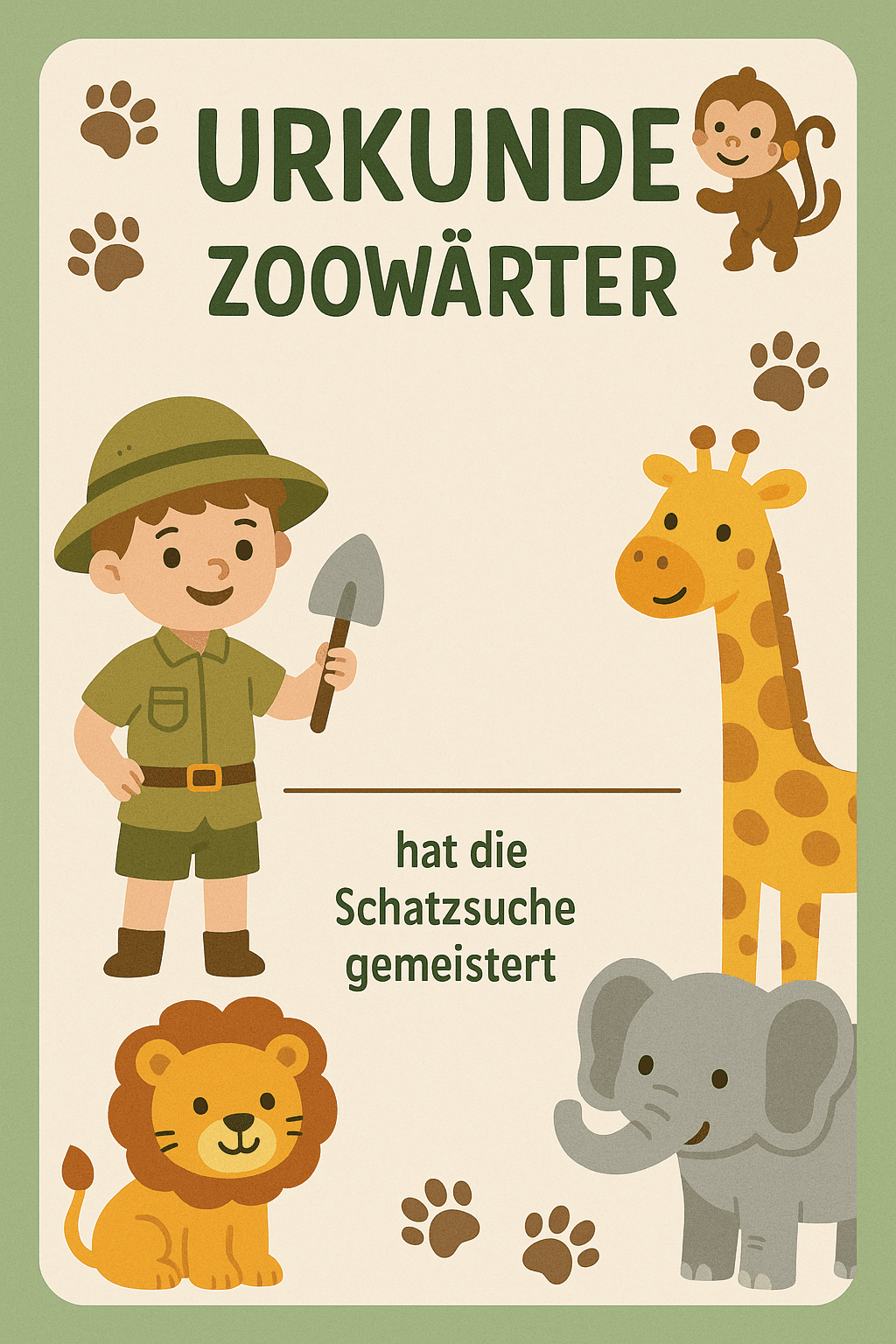 Urkunde für Tierpfleger im Zoo - Ein Tag mit Tieren - Schatzsuche Teilnahme-Urkunde zum Ausdrucken für Kinder 5-10 Jahre