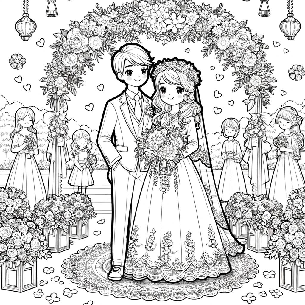 Ausmalbild - Hochzeitsfreude - Hochzeit, Braut, Bräutigam, Blumen