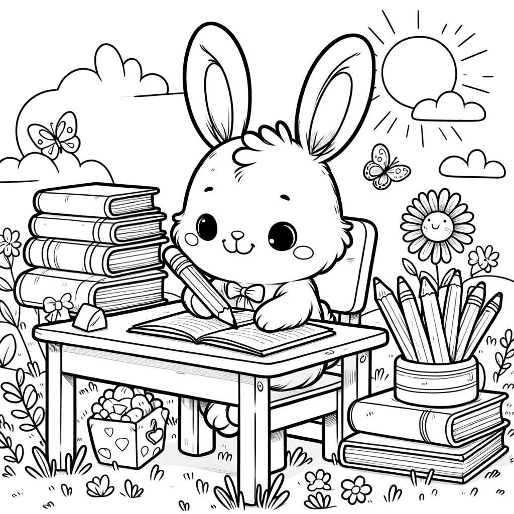 Ausmalbild - Der lernende Hase - Hase, Schreibtisch, Bücher, Bleistift