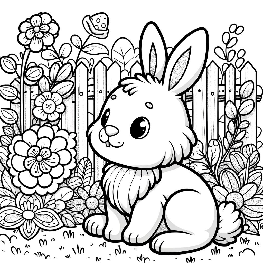 Ausmalbild - Der Hase im Garten - Hase, Garten, Blumen, Zaun