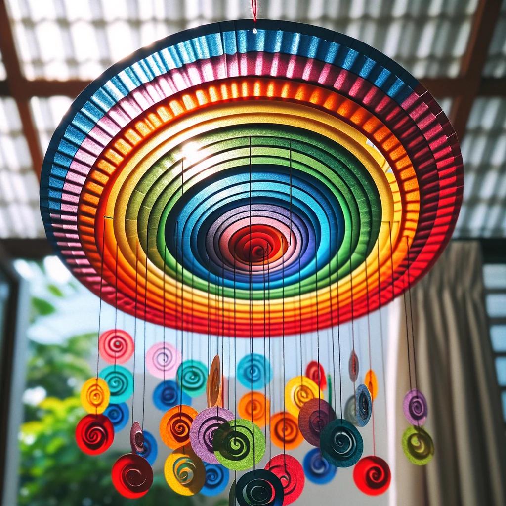 Experiment - Regenbogen-Windspiel - Farbenfrohes Windspiel aus Papptellern basteln