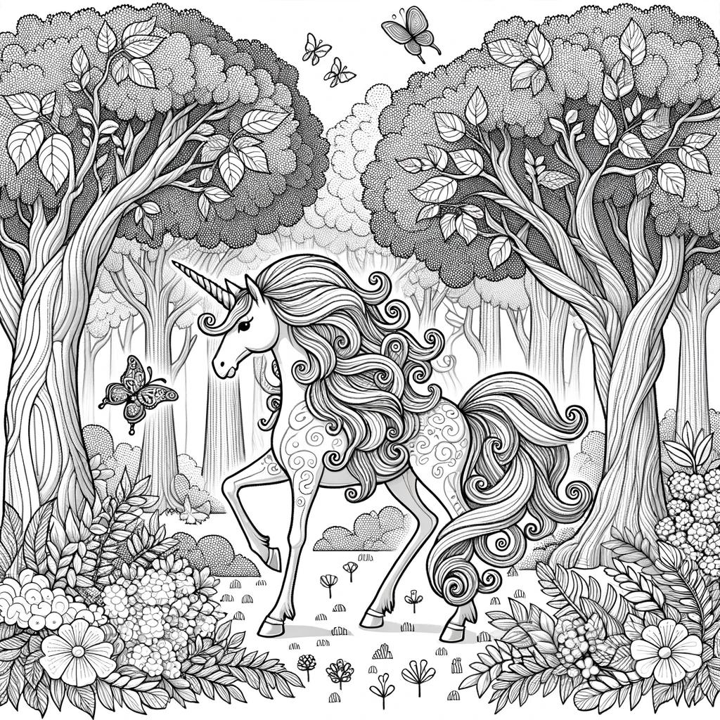 Ausmalbild - Das Einhorn im verzauberten Wald - Einhorn, verzauberter Wald, Bäume, Blumen