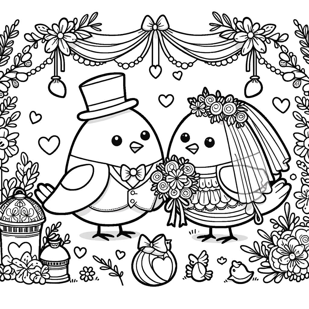 Ausmalbild - Vogelhochzeit - Vogelhochzeit, Vögel, Hochzeitskleidung, Blumen